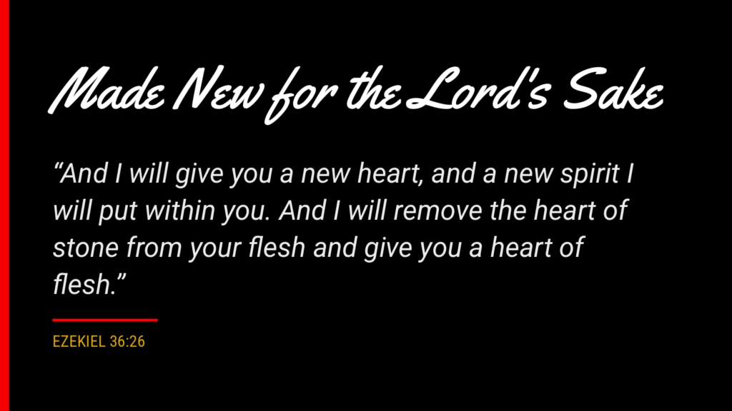 Ezekiel 36:26: “And I will give you a new heart, and a new spirit I will put within you. And I will remove the heart of stone from your flesh and give you a heart of flesh.” (ESV)